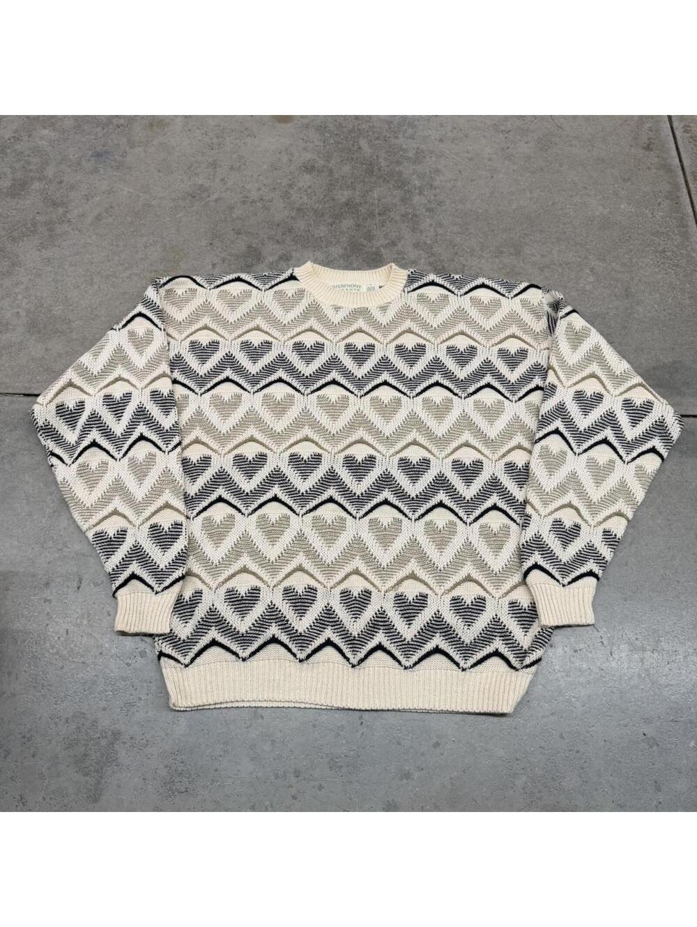 vintage white beige and black knit heart made in usa sweater size xl
